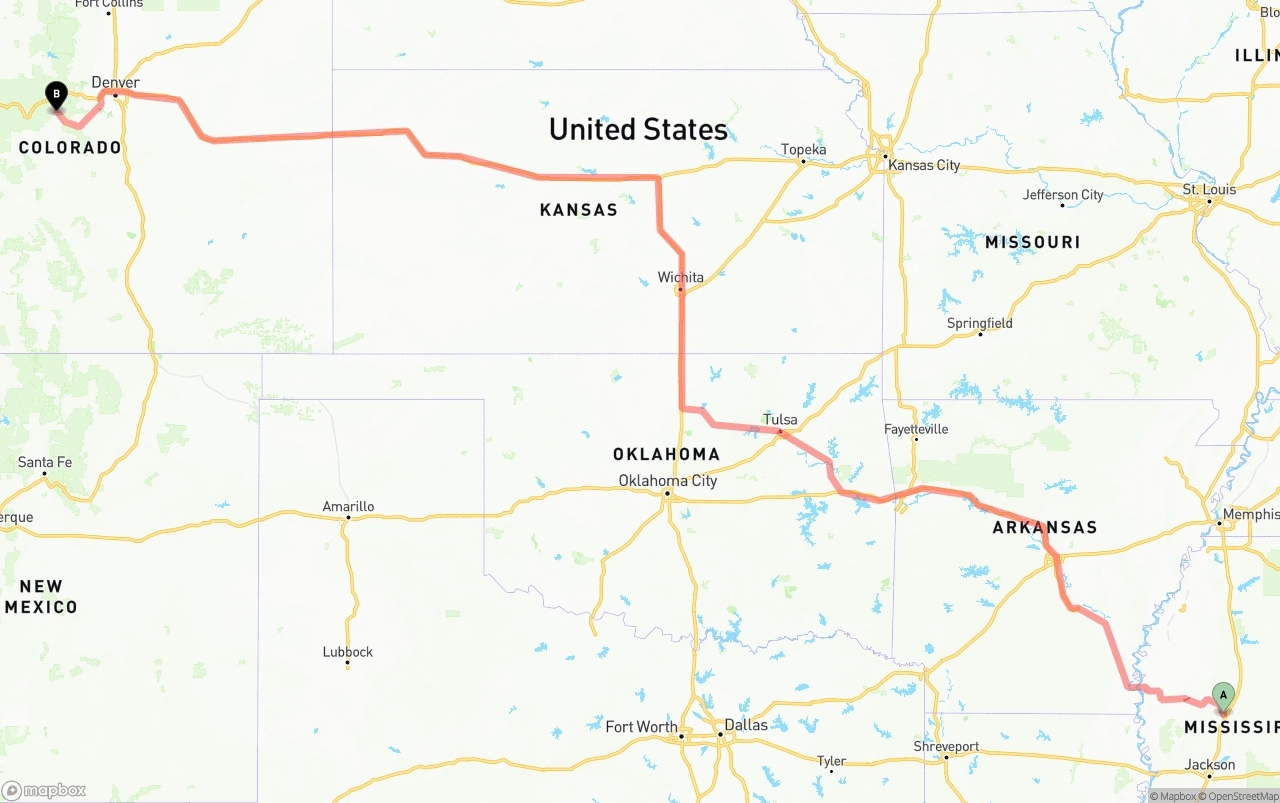 Shipping route from Mississippi to Colorado