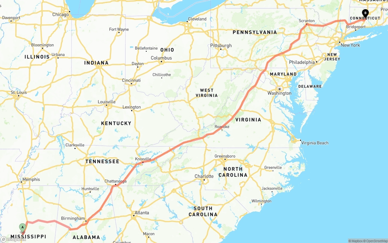Shipping route from Mississippi to Connecticut