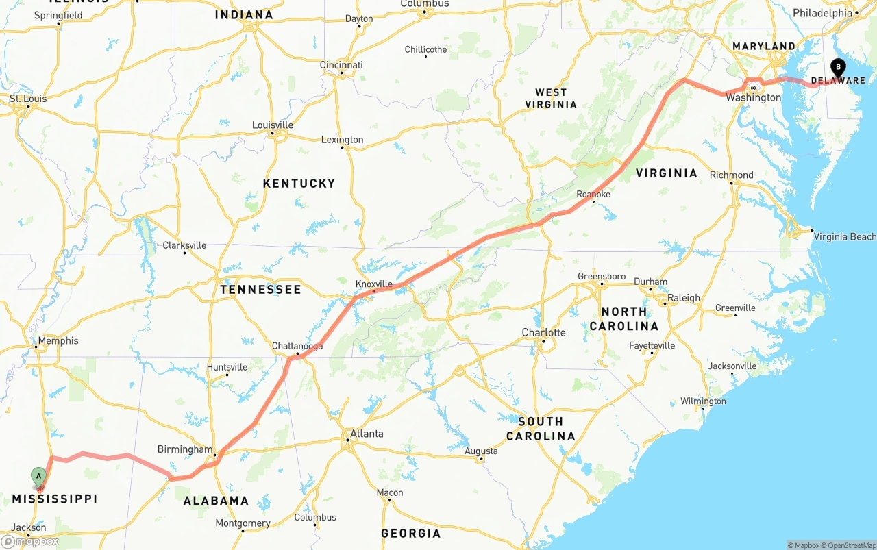 Shipping route from Mississippi to Delaware