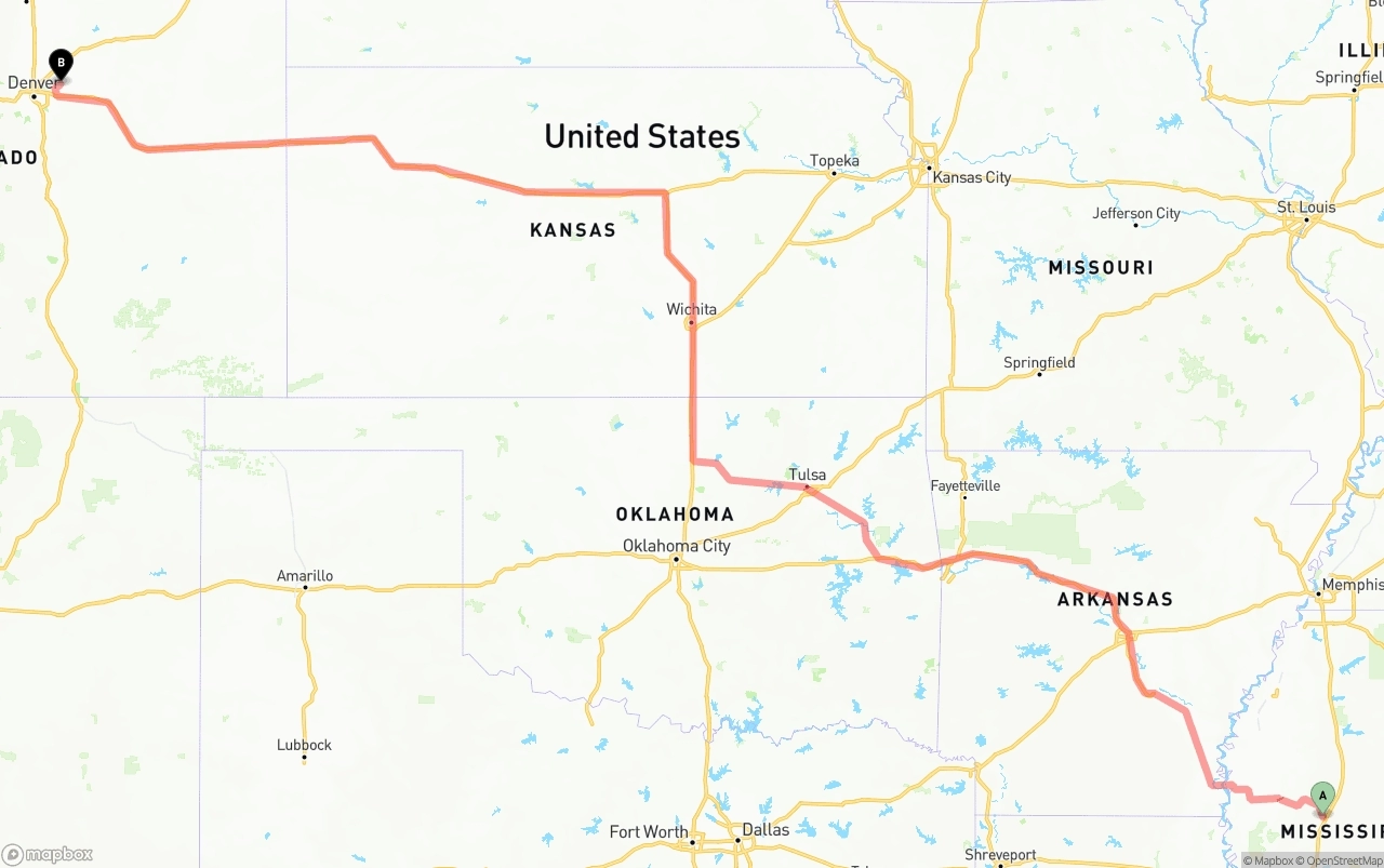 Shipping route from Mississippi to Denver International Airport