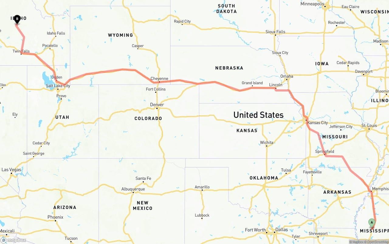 Shipping route from Mississippi to Idaho