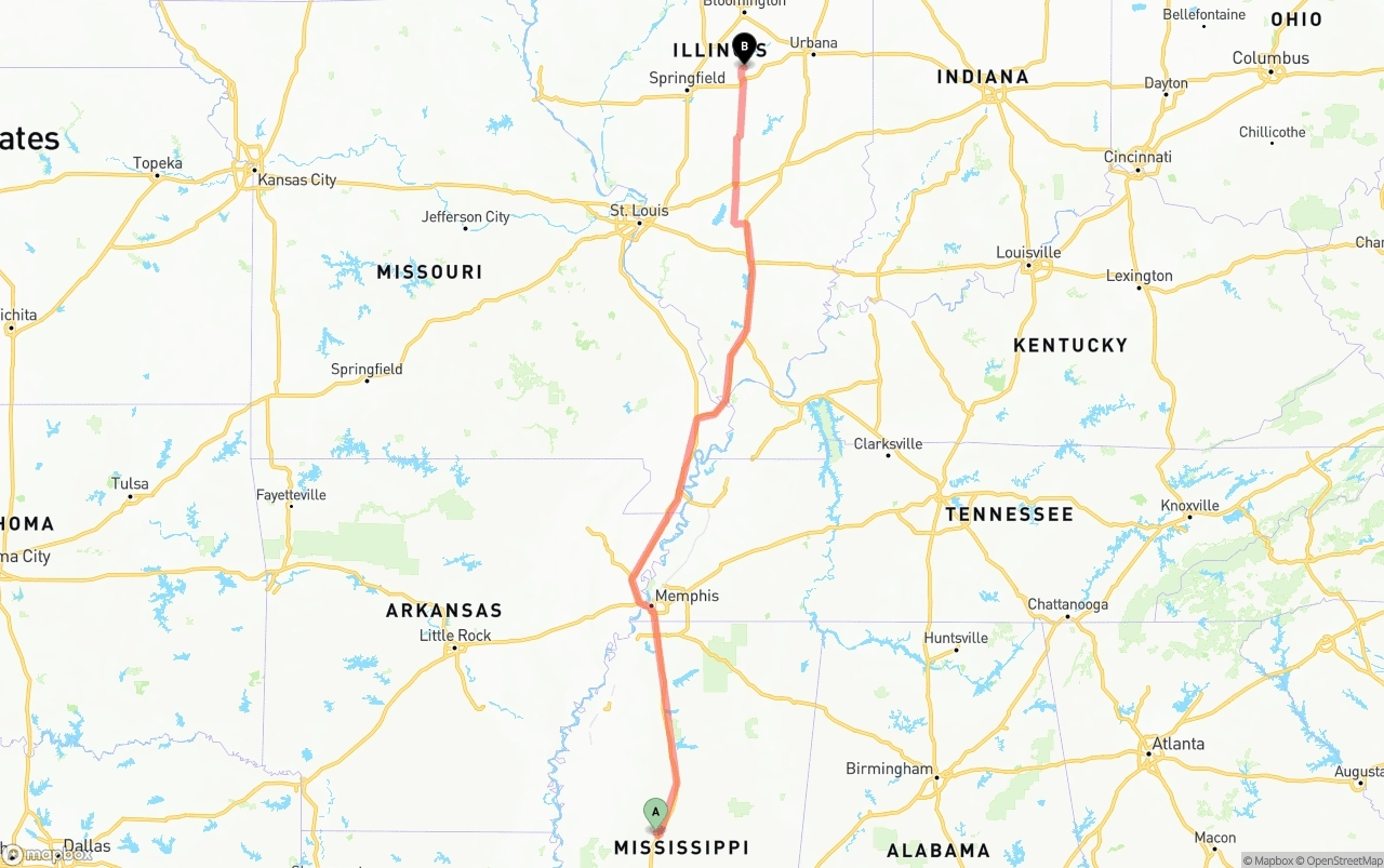 Shipping route from Mississippi to Illinois