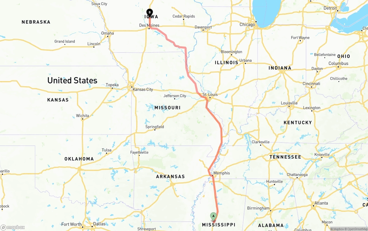 Shipping route from Mississippi to Iowa