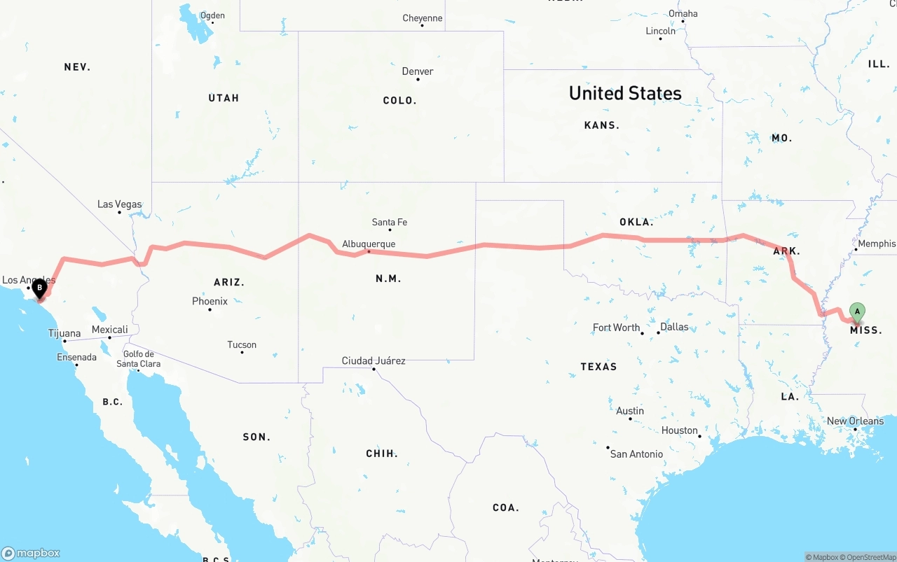 Shipping route from Mississippi to John Wayne Airport — Orange County