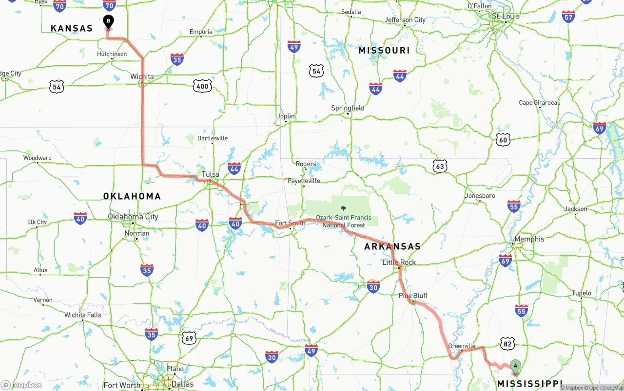 Shipping route from Mississippi to Kansas