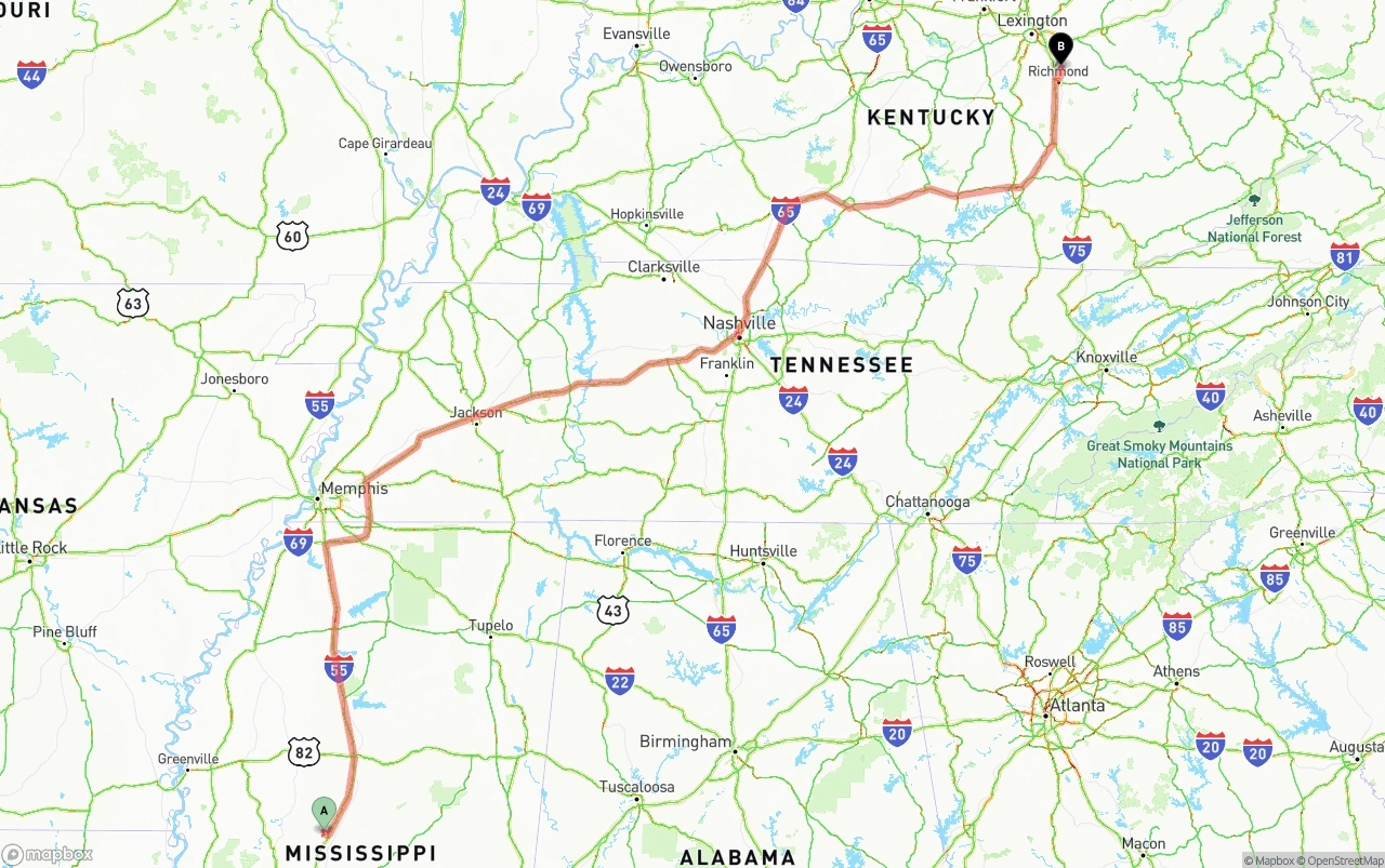 Shipping route from Mississippi to Kentucky