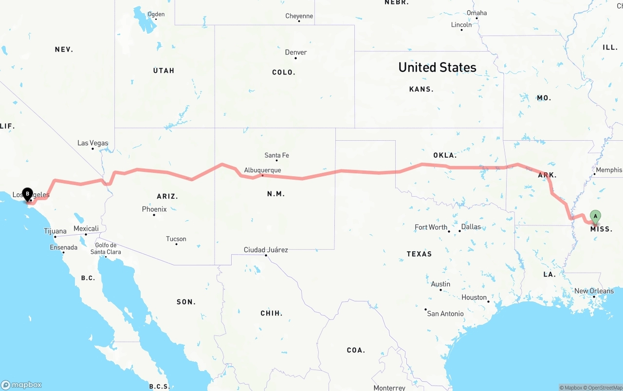 Shipping route from Mississippi to Los Angeles International Airport
