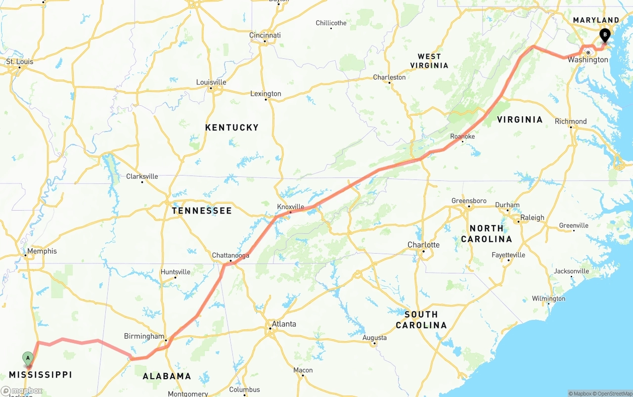 Shipping route from Mississippi to Maryland