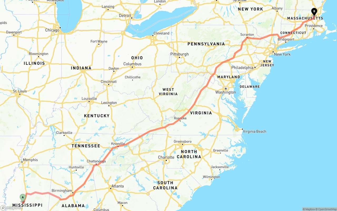 Shipping route from Mississippi to Massachusetts