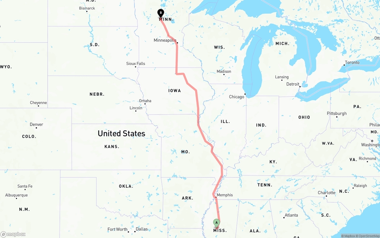 Shipping route from Mississippi to Minnesota