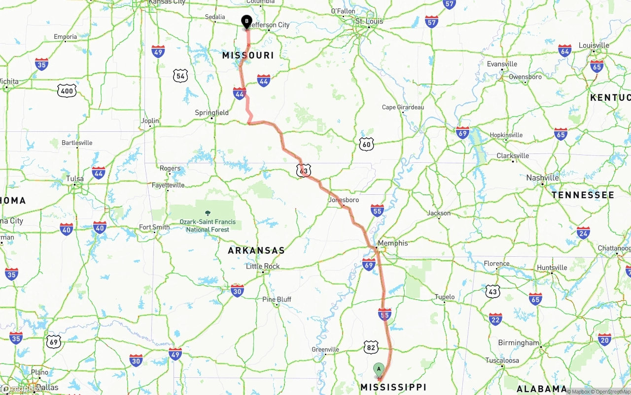 Shipping route from Mississippi to Missouri