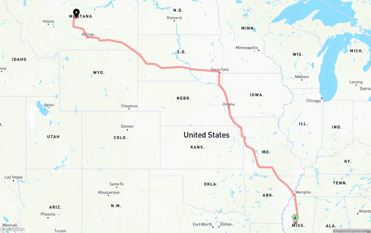 Shipping route from Mississippi to Montana