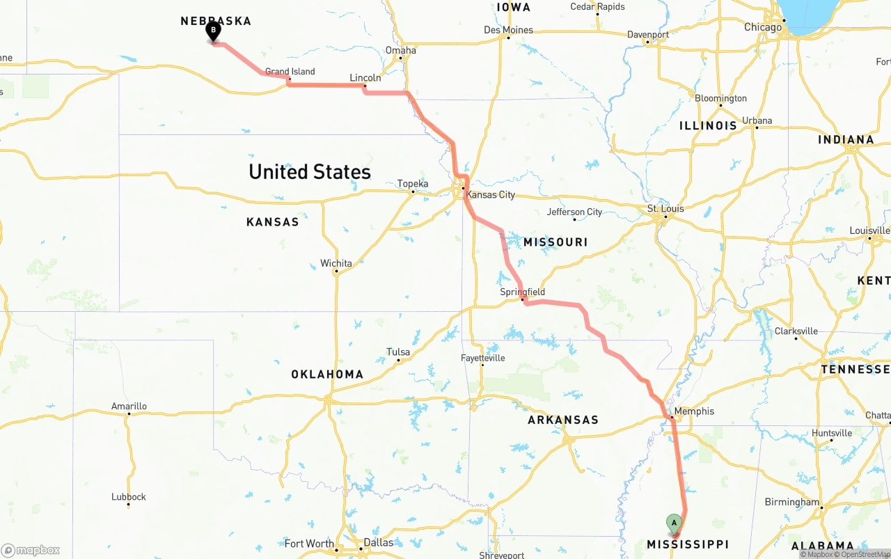 Shipping route from Mississippi to Nebraska