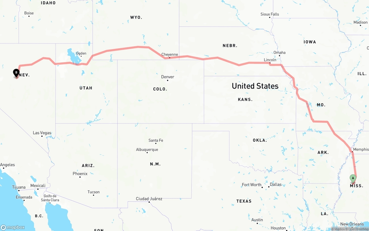 Shipping route from Mississippi to Nevada