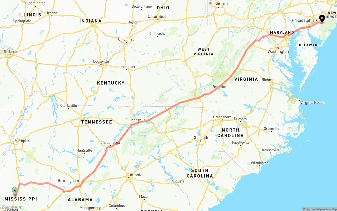 Shipping route from Mississippi to New Jersey