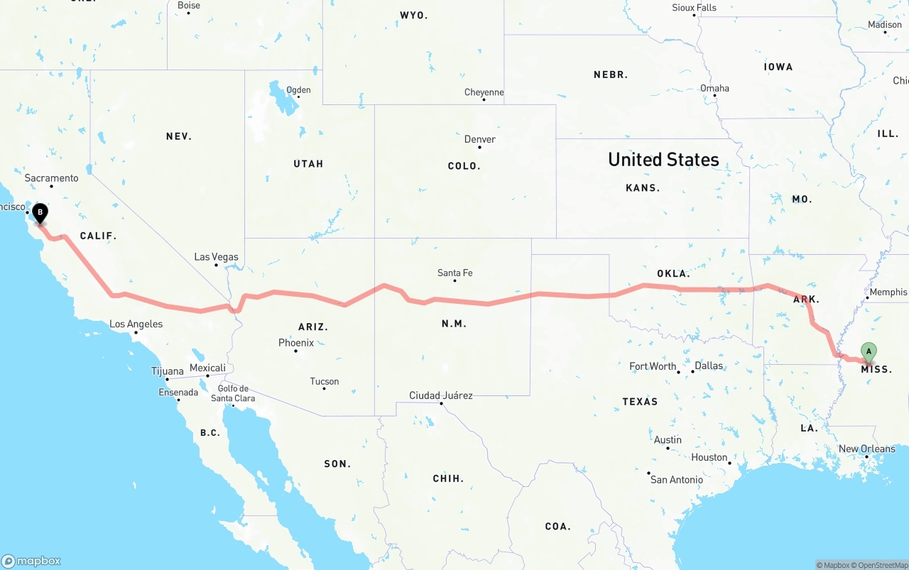 Shipping route from Mississippi to Norman Y. Mineta San Jose International Airport