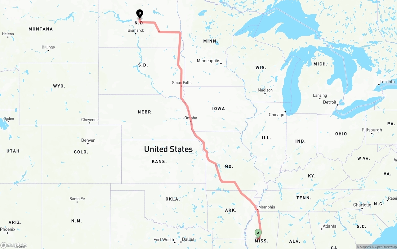 Shipping route from Mississippi to North Dakota