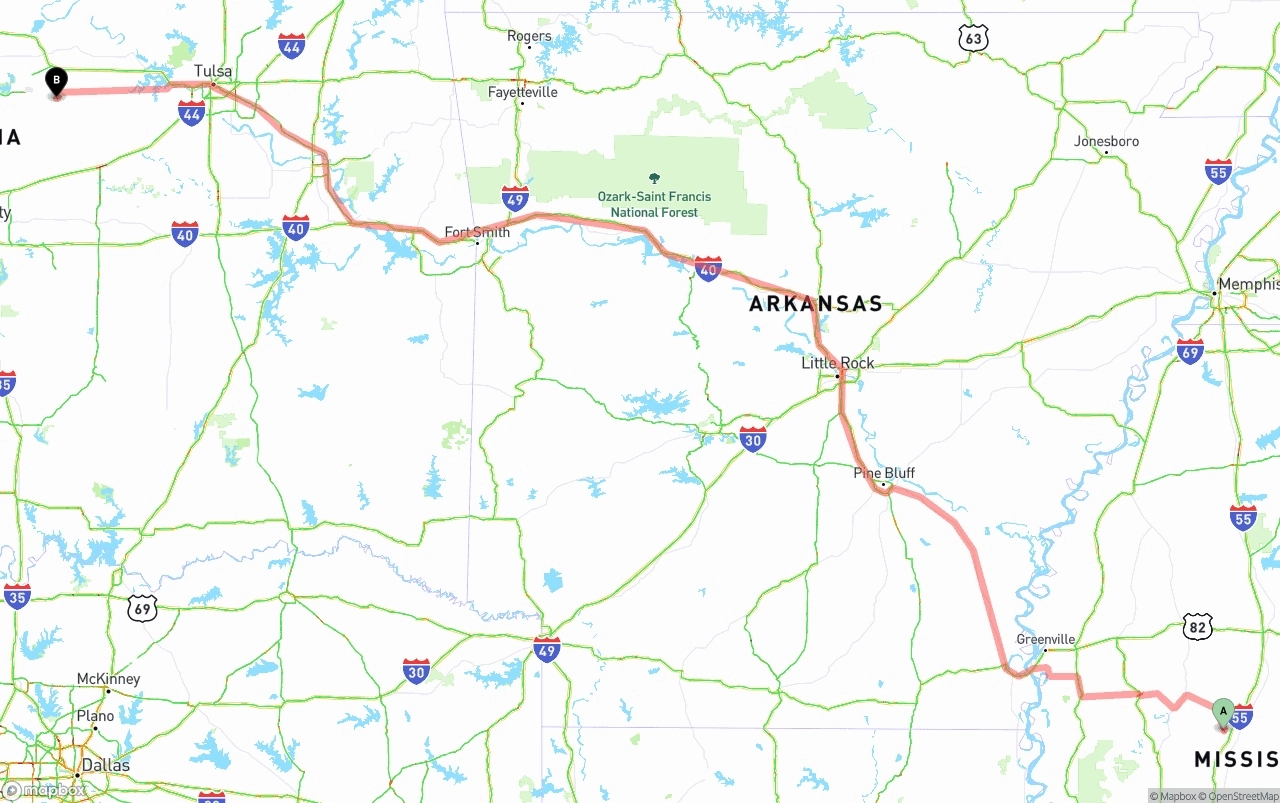 Shipping route from Mississippi to Oklahoma