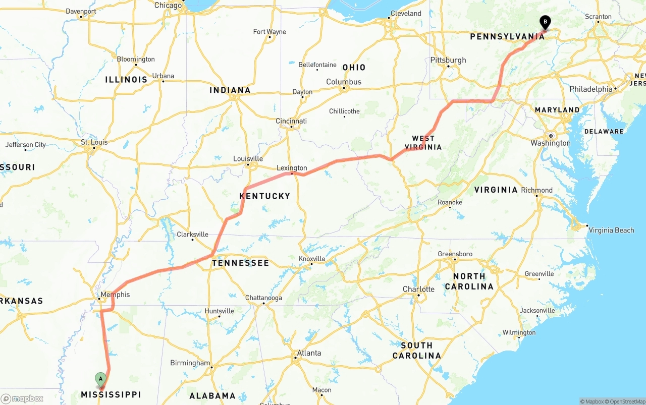 Shipping route from Mississippi to Pennsylvania