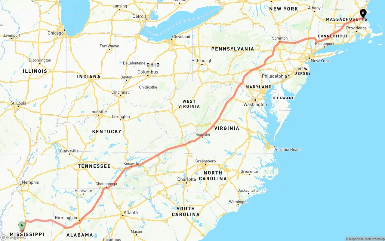 Shipping route from Mississippi to Port of Boston