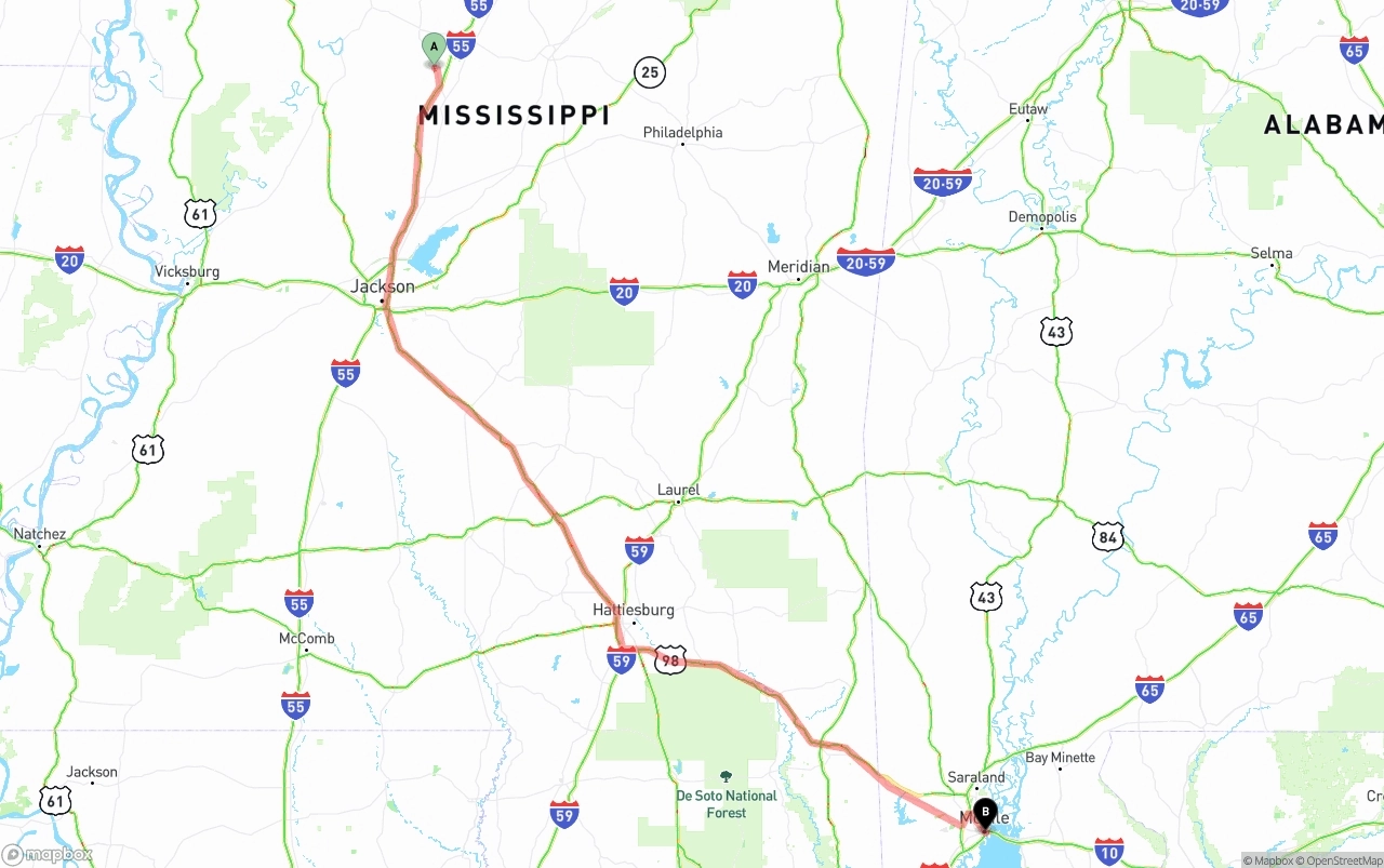 Shipping route from Mississippi to Port of Mobile