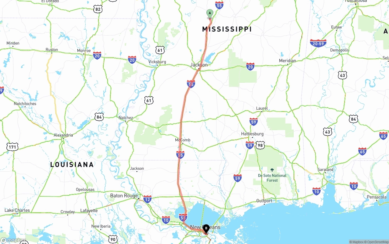 Shipping route from Mississippi to Port of New Orleans