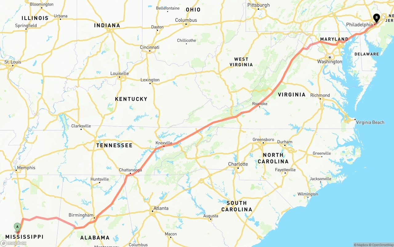 Shipping route from Mississippi to Port of Philadelphia