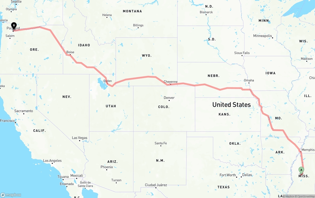 Shipping route from Mississippi to Portland International Airport