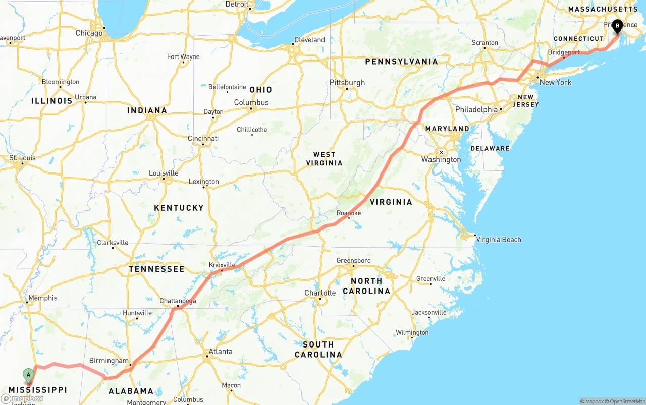 Shipping route from Mississippi to Rhode Island