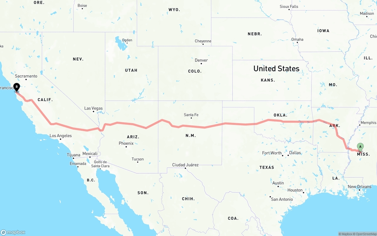 Shipping route from Mississippi to San Francisco International Airport