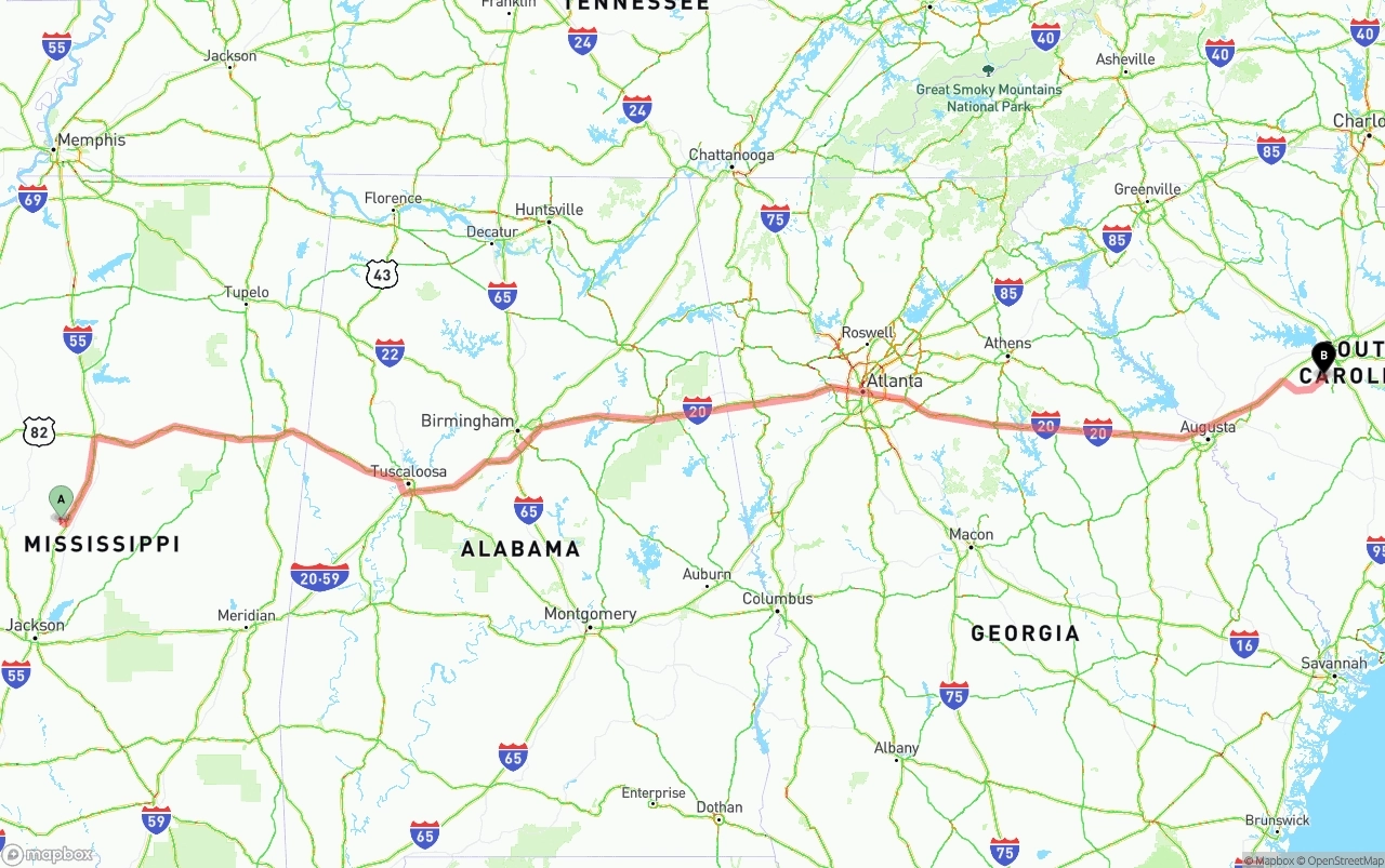 Shipping route from Mississippi to South Carolina