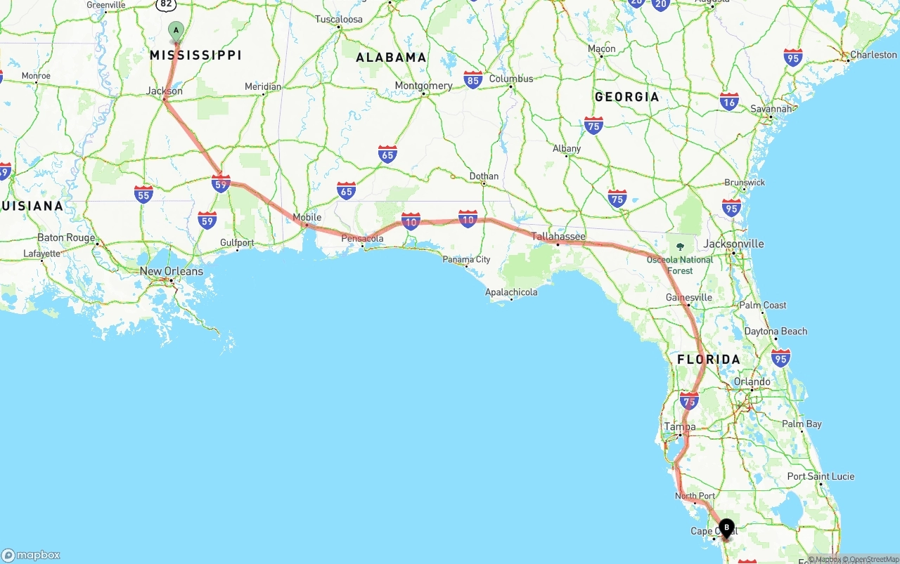 Shipping route from Mississippi to Southwest Florida International Airport