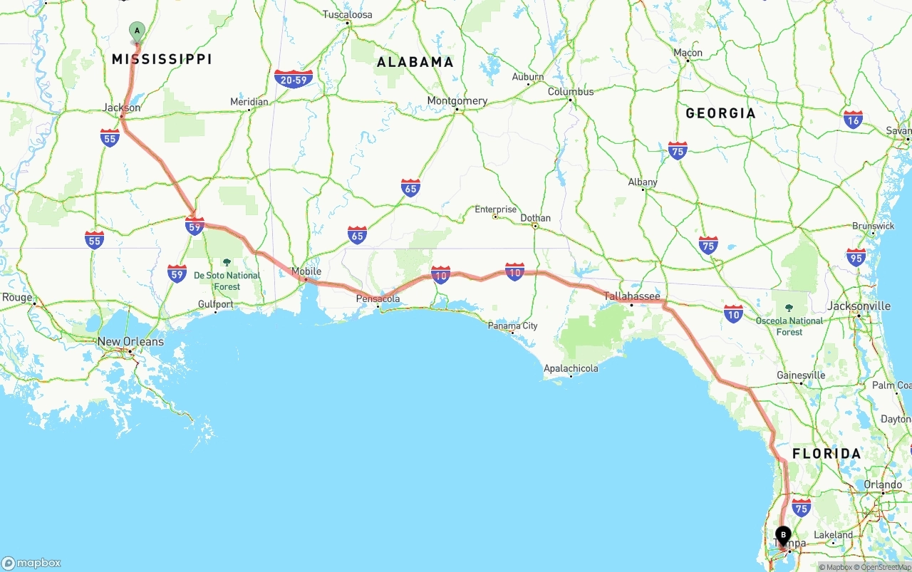 Shipping route from Mississippi to Tampa International Airport