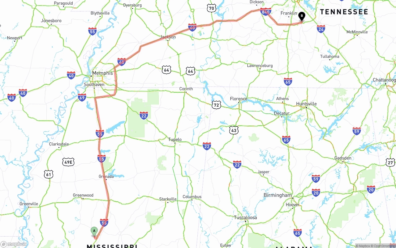 Shipping route from Mississippi to Tennessee