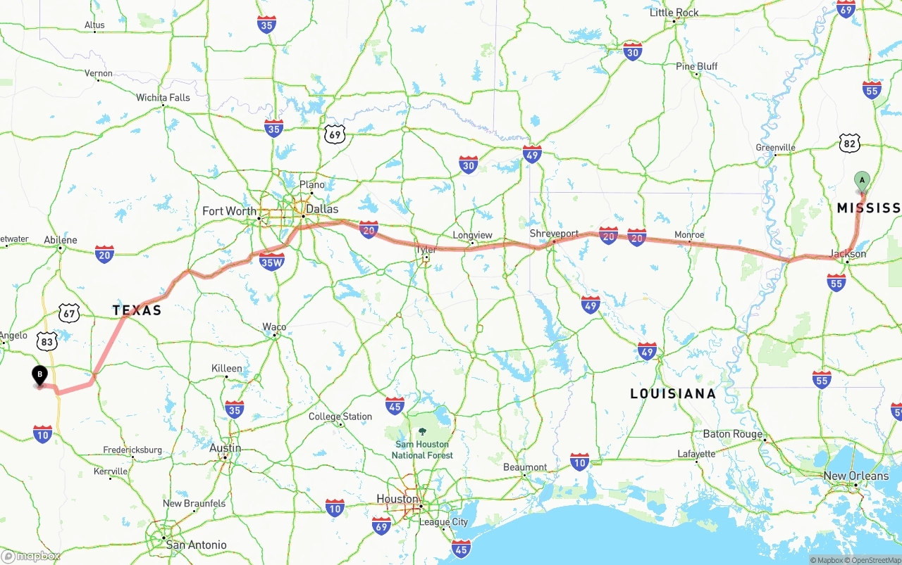 Shipping route from Mississippi to Texas