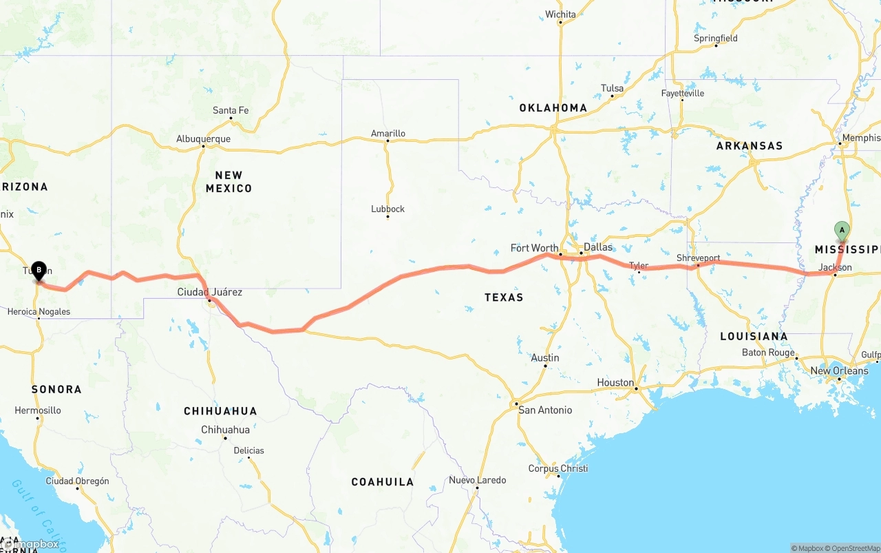 Shipping route from Mississippi to Tucson International Airport