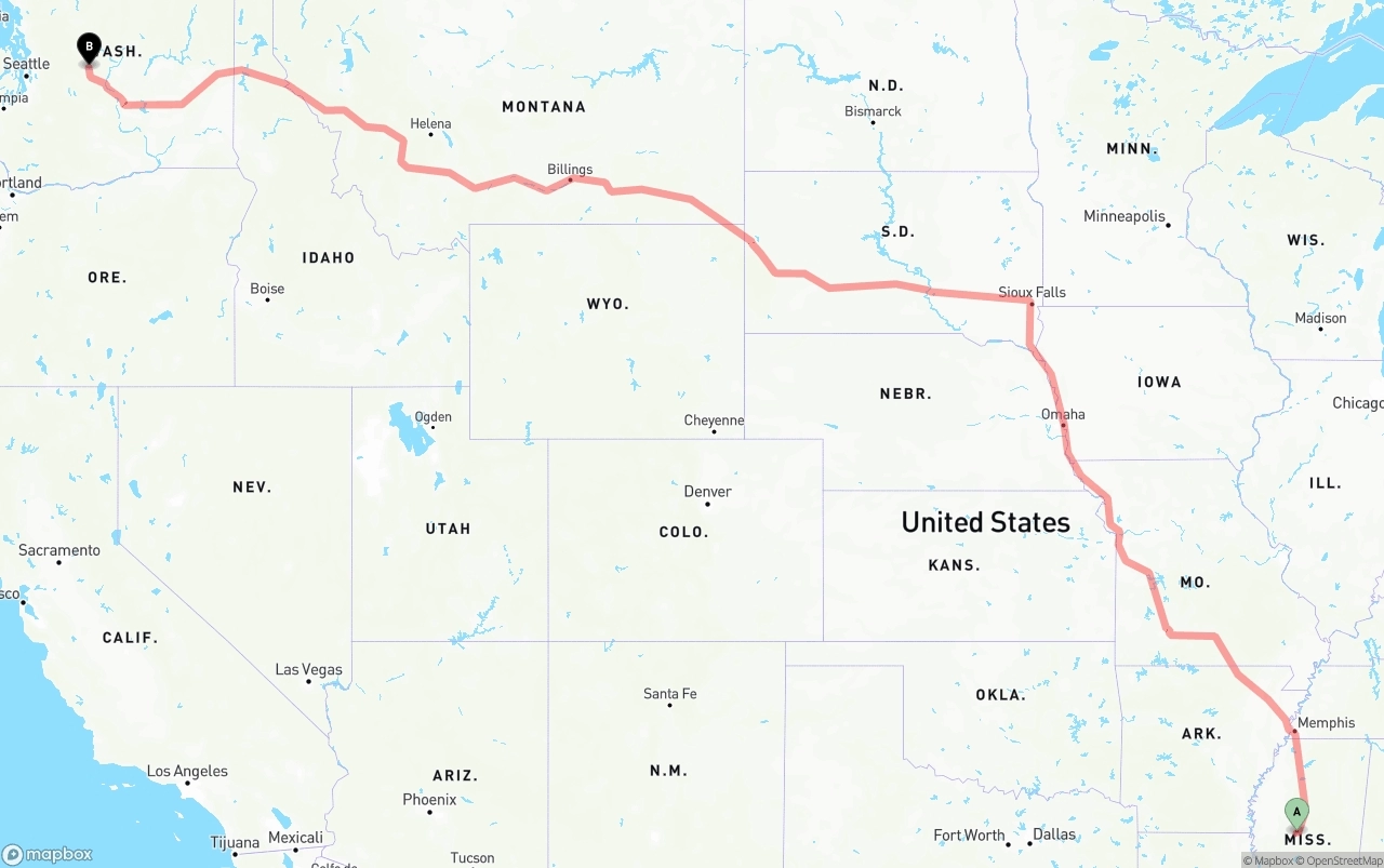 Shipping route from Mississippi to Washington