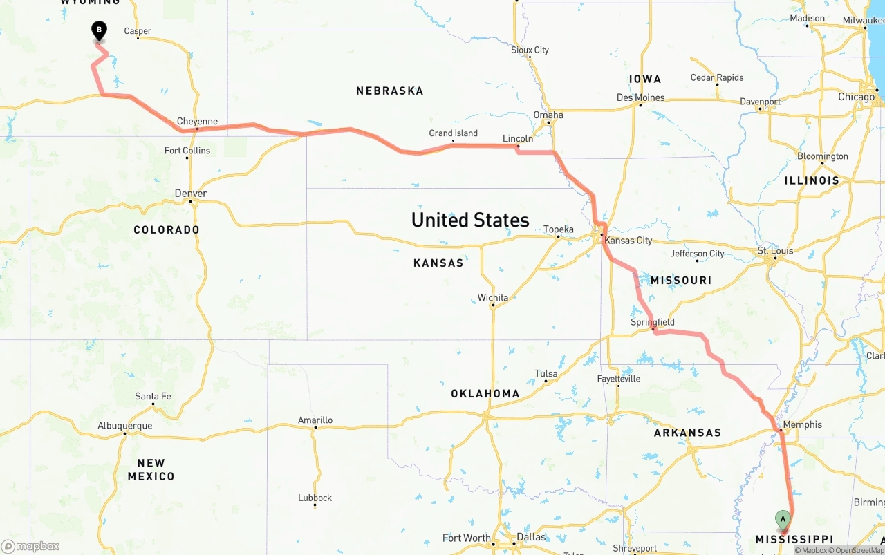 Shipping route from Mississippi to Wyoming