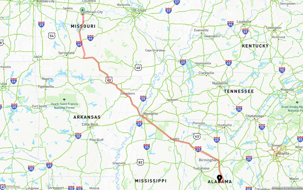 Shipping route from Missouri to Alabama