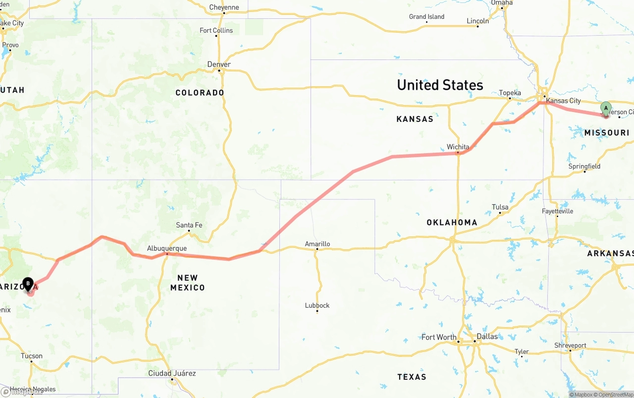 Shipping route from Missouri to Arizona