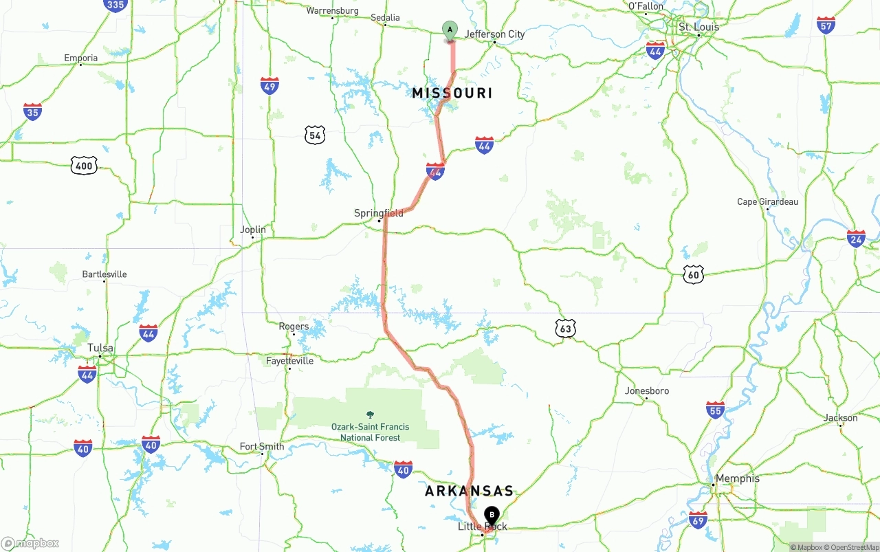 Shipping route from Missouri to Arkansas