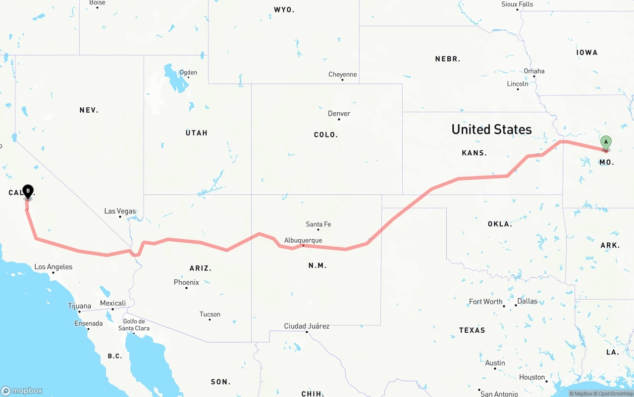 Shipping route from Missouri to California