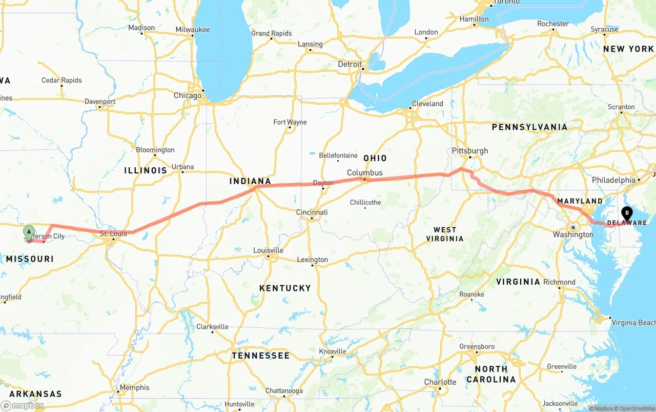 Shipping route from Missouri to Delaware