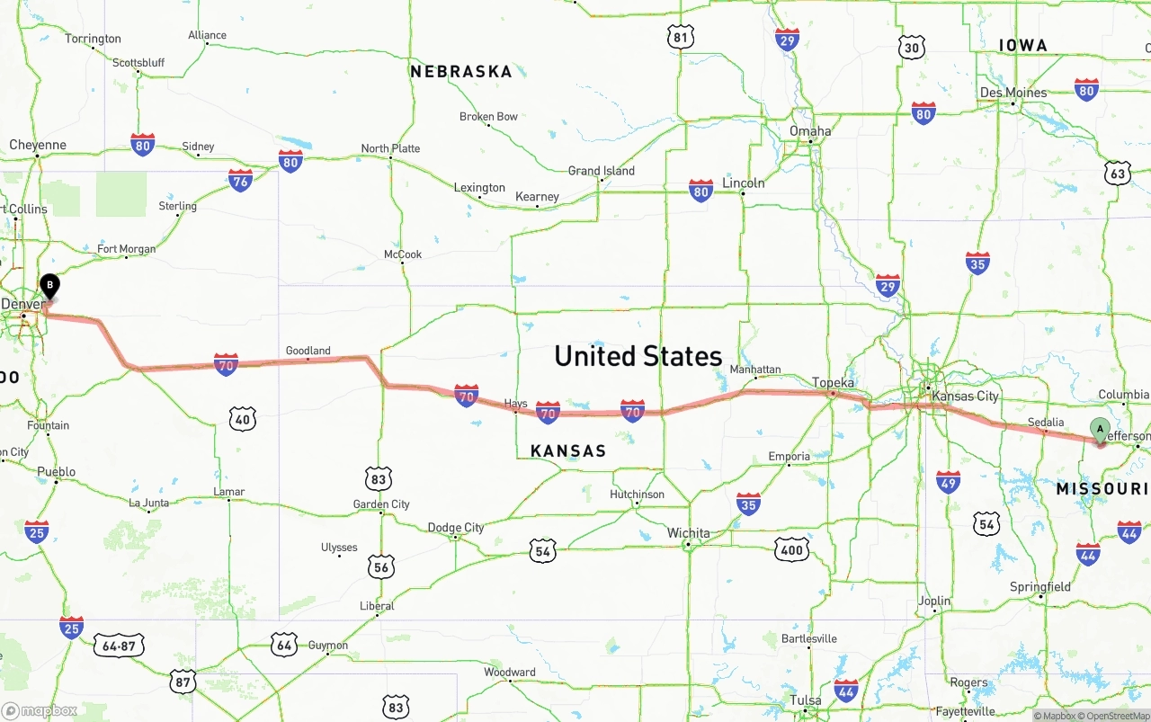 Shipping route from Missouri to Denver International Airport
