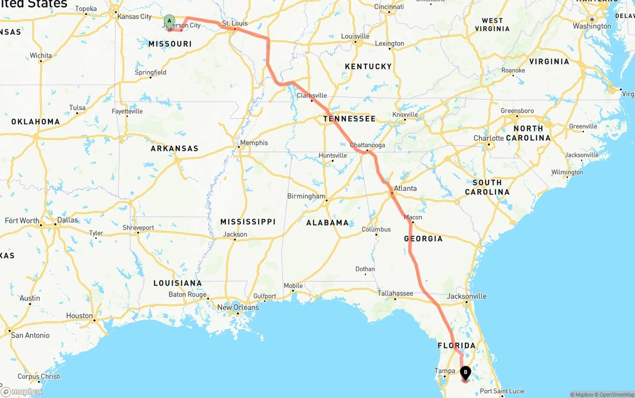 Shipping route from Missouri to Florida