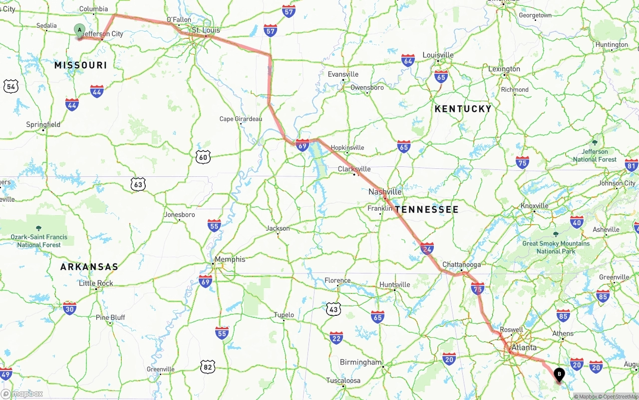 Shipping route from Missouri to Georgia