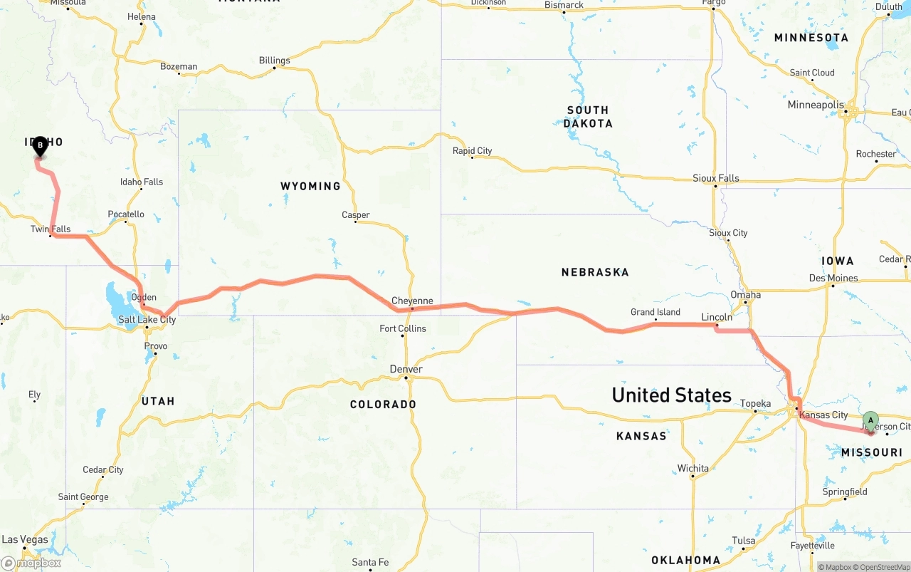 Shipping route from Missouri to Idaho