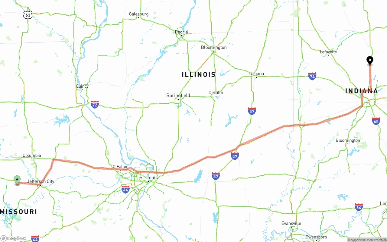Shipping route from Missouri to Indiana