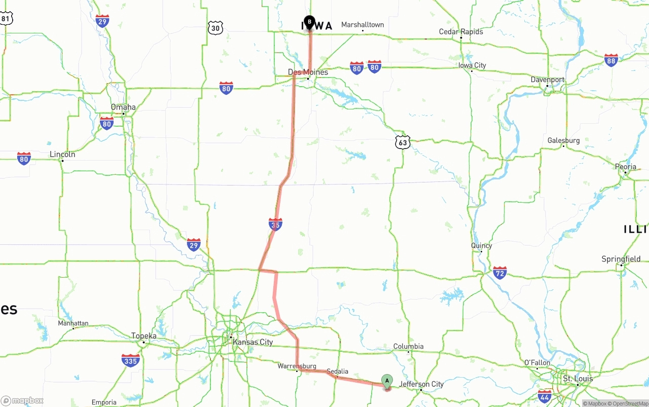 Shipping route from Missouri to Iowa