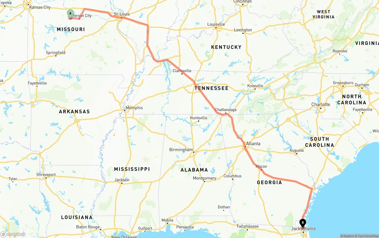Shipping route from Missouri to Jacksonville International Airport
